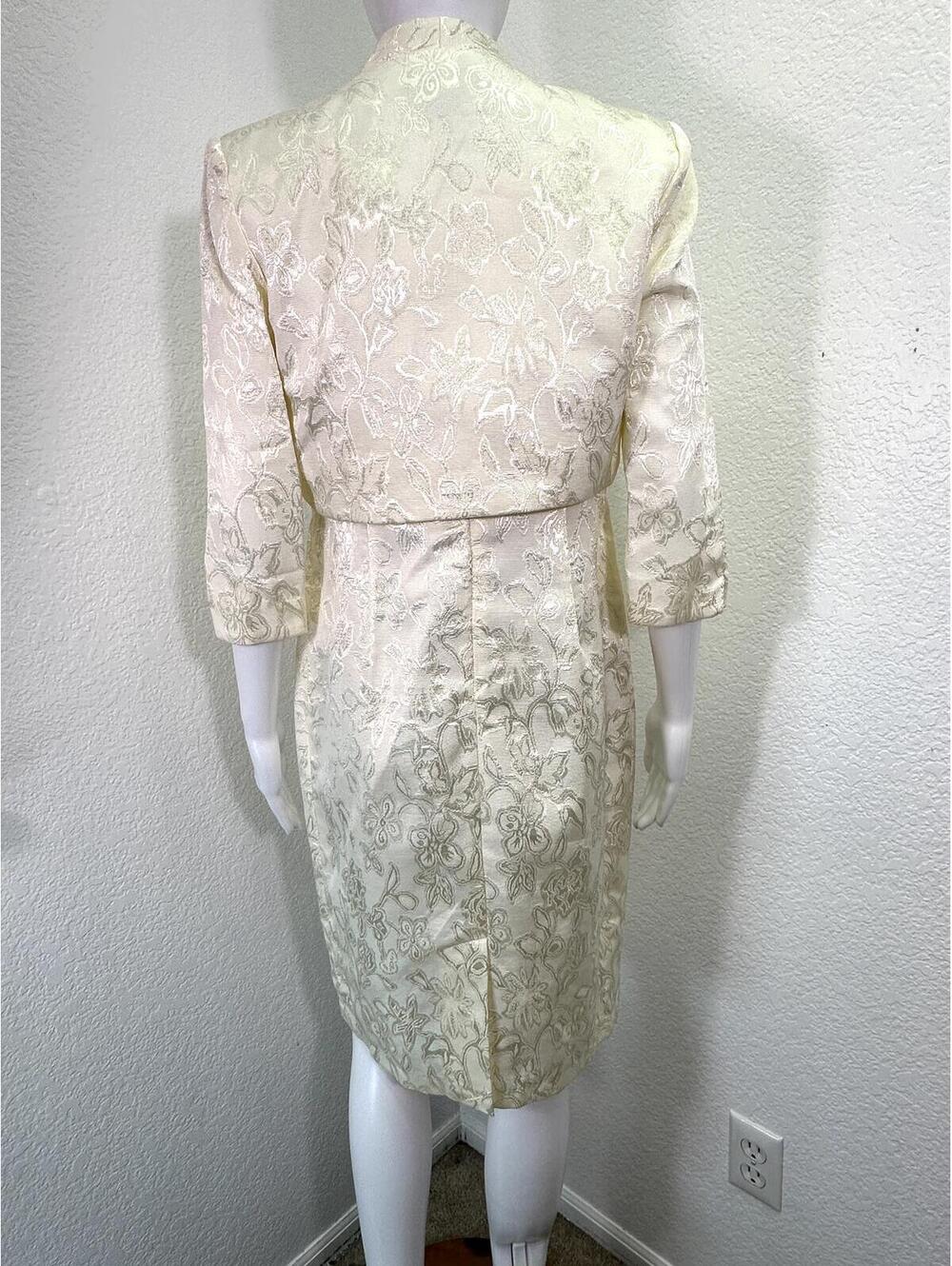 Sz 8P R&M Richards Ivory Satin Jacquard Sleeveless Dress Midi + Bolero Jacket - Picture 3 of 8